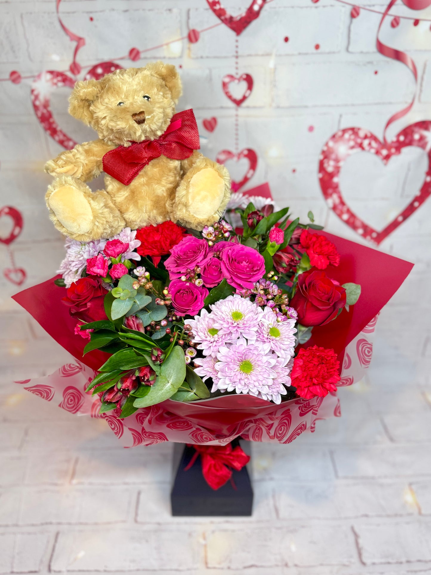 Valentine’s Tall Round Aqua with Teddy Bear