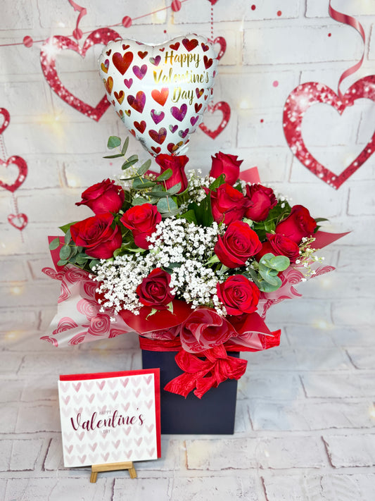 12 Premium Red Roses Valentine’s Bouquet with Card & Balloon