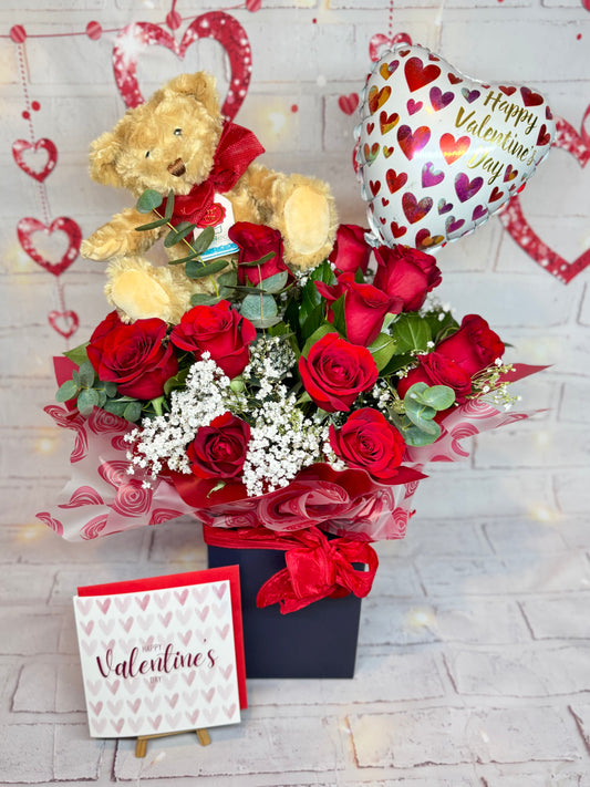 Valentine’s 12 Premium Red Rose Aqua Special with Card, Balloon & TEDDY BEAR