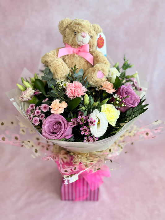 Mother’s Day Tall Round Aqua with Plush Teddy Bear